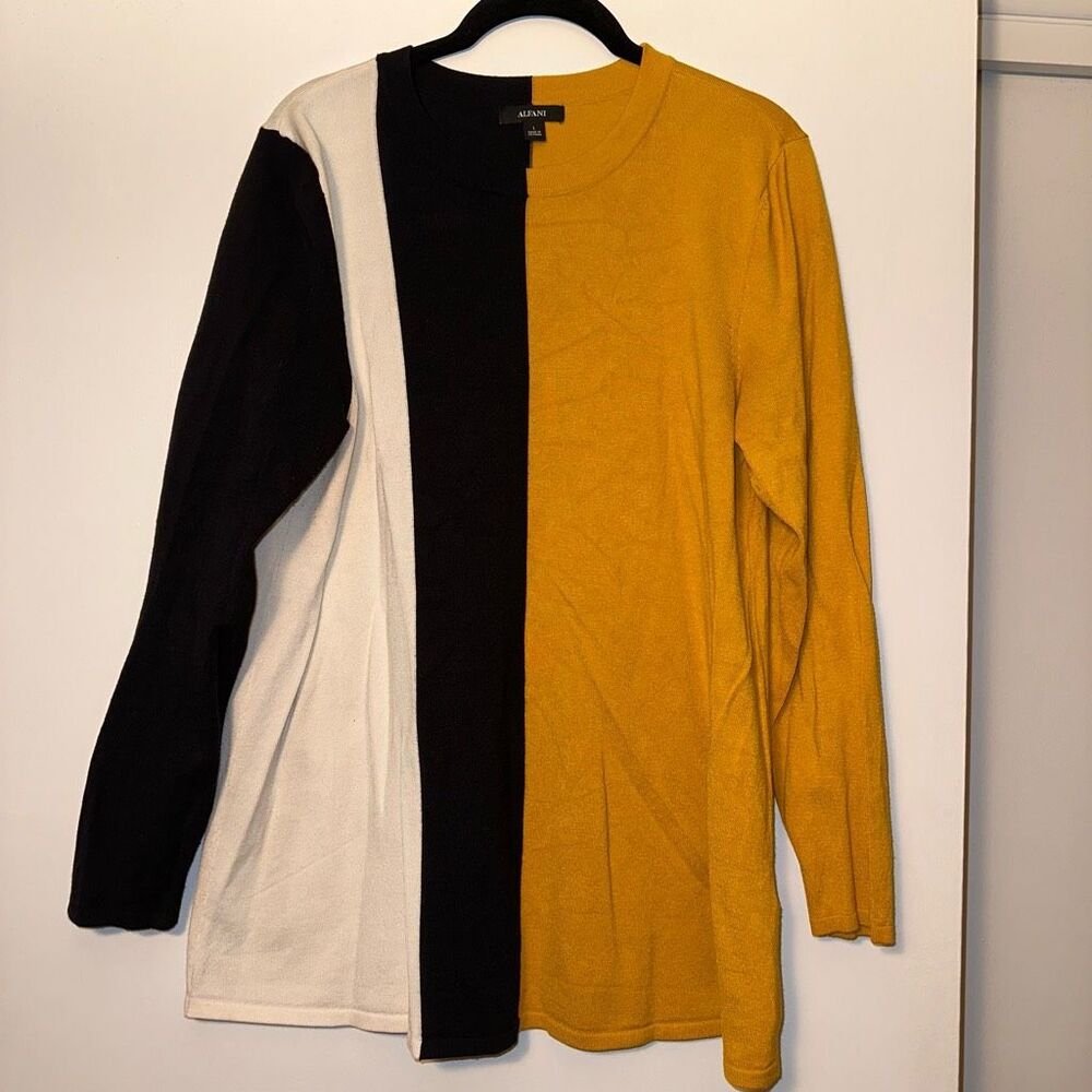 Alfani Women’s Large Abstract Color Block Crew Sweater Black White Gold GUC